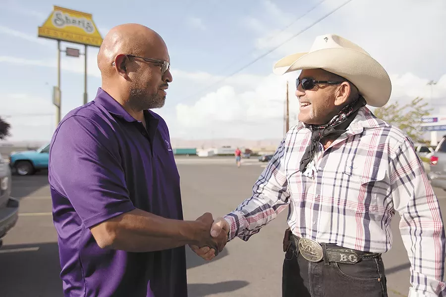 Mel Skahan, left, and Bob Gimlin greet each other outside Shari's restaurant in Union Gap. - YOUNG KWAK