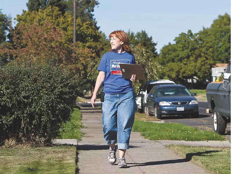 Nancy McLaughlin door-belling recently in the 3rd District. - STEPHEN SCHLANGE