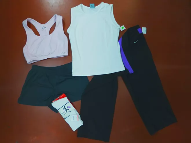 Nike leggings, $3.99; Champion sports bra, $1.99; Nike tank, $1.99; Trufit (new) socks, $1.59. - MADISON BENNETT
