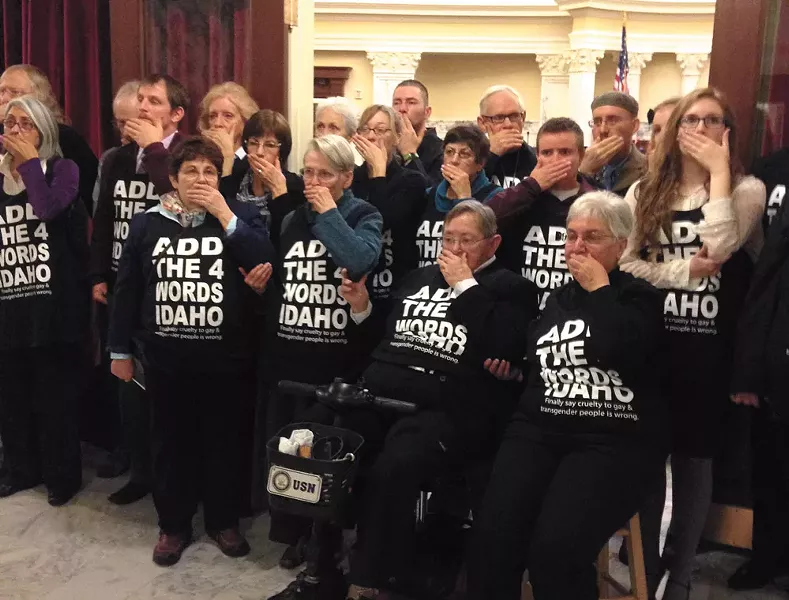 On Monday morning, “Add the Words” protesters — seeking to limit discrimination based on “sexual orientation” and “gender identity” — blocked entrances to the state Senate chambers. Forty-four people were arrested. - HARRISON BERRY/BOISE WEEKLY