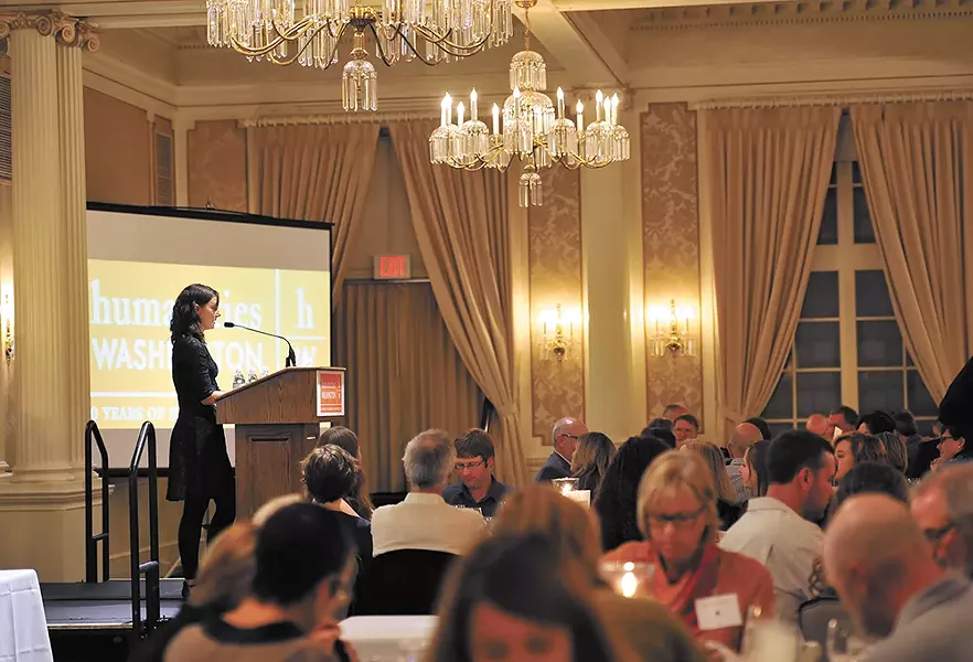 Shields reading from her short fiction at a Humanities Washington event in Spokane. - KIRK HIROTA/HUMANITIES WASHINGTON