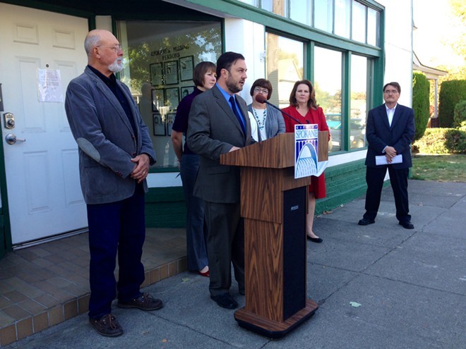Spokane city councilmembers held a press conference last month to criticize the mayor's proposed 2015 budget, which they amended and passed Monday. - HEIDI GROOVER