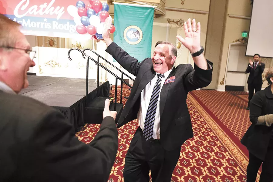 Spokane County Prosecutor Larry Haskell celebrating on election night. - YOUNG KWAK