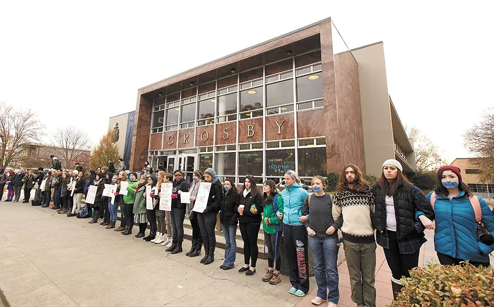 Students demonstrated in front of Gonzaga's student center to call for policy changes and draw attention to a national statistic that one in four college women have been raped. - YOUNG KWAK