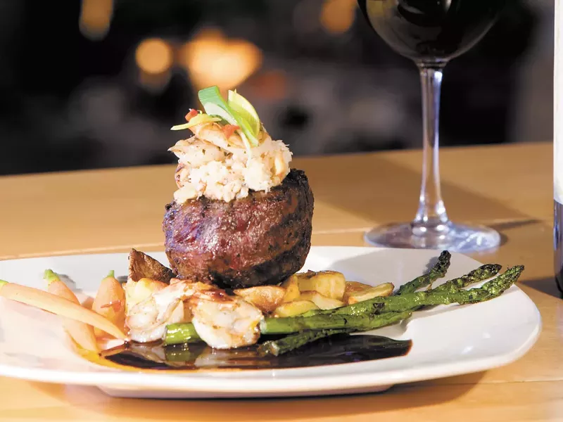 Surf deliciously meets turf with Elkins shrimp-and-crab stuffed sirloin steak.