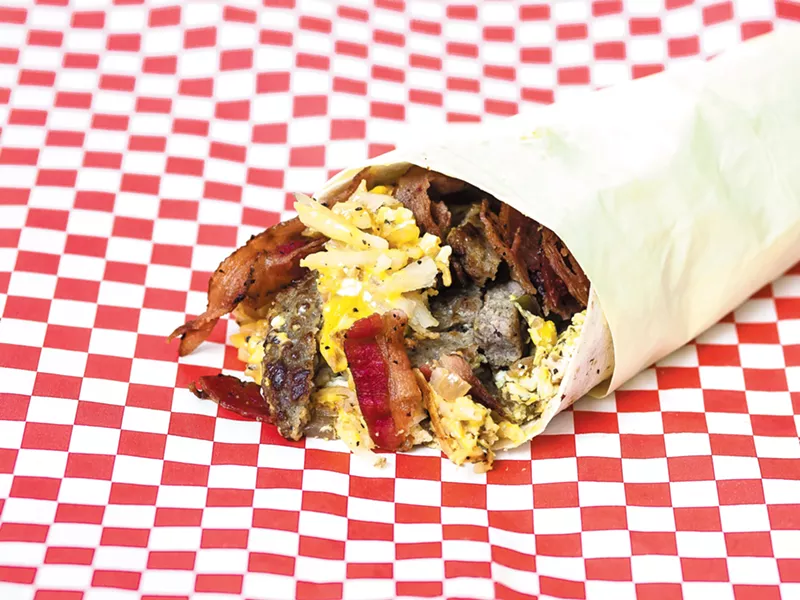 The bacon/sausage combo breakfast burrito at the Big Yellow Mobile Kitchen in Coeur d\'Alene. - MIKE MCCALL