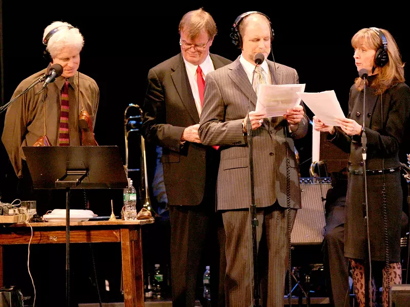 The cast of A Prairie Home Companion, including Tim Russell (third from left)