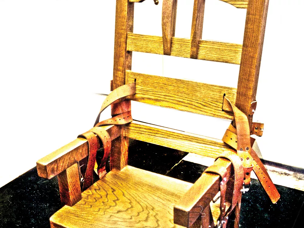 The electric chair at Florida State Prison. A year after this chair was constructed, in 1999, the prison began offering lethal injection.