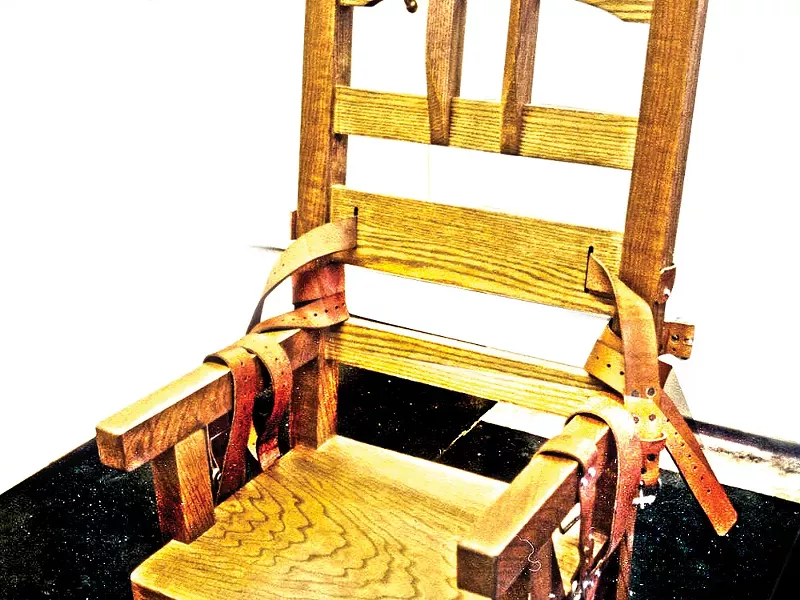 The electric chair at Florida State Prison. A year after this chair was constructed, in 1999, the prison began offering lethal injection.
