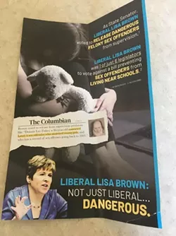 The latest mailer includes a picture of a high-risk, repeat sex offender, that Brown supposedly supported releasing from supervision. - CATHY MCMORRIS RODGERS MAILER