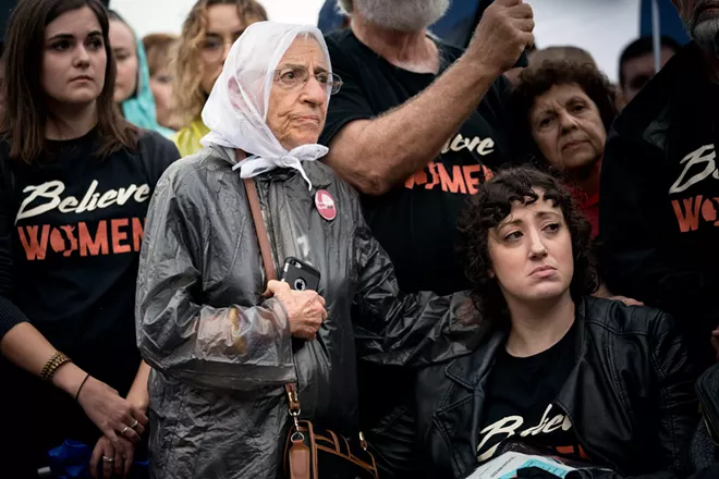 People gather outside the Supreme Court in Washington on Monday, Sept. 24, 2018, to protest against Judge Brett Kavanaugh's nomination to the court. The woman who has accused Kavanaugh of sexually assaulting her when they were teenagers has committed to testify before the Senate Judiciary Committee on Thursday, setting up a potentially explosive confrontation unlike any seen in decades with the future of the Supreme Court at stake. - ERIN SCHAFF/THE NEW YORK TIMES