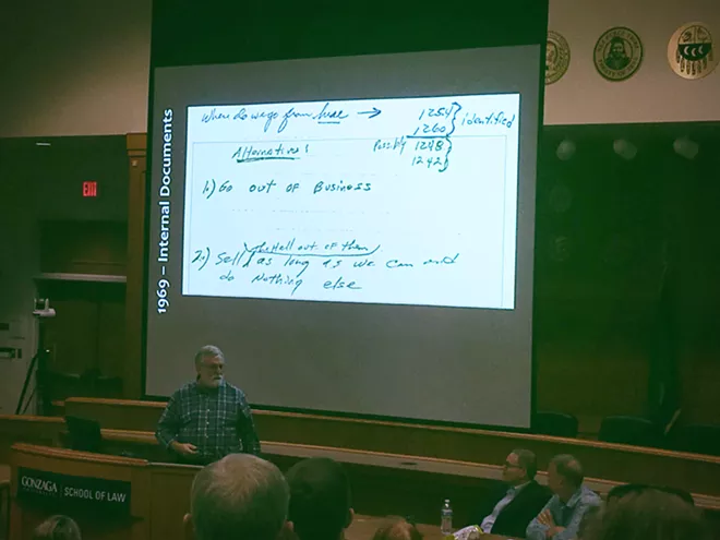 Peter von Stackelberg shows one of the many documents contained in the "Poison Papers," which shows internal notes at Monsanto as the company was looking at alternatives for how to address issues with PCBs. On the list of alternatives, "1) Go out of Business 2) Sell the hell out of them as long as we can and do Nothing else." - SAMANTHA WOHLFEIL PHOTO