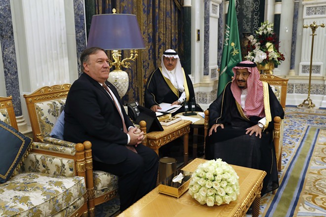 Secretary of State Mike Pompeo, left, meets with King Salman of Saudi Arabia in Riyadh on Tuesday, Oct. 16, 2018. Pompeo met with the king, the crown prince and other top officials to discuss the disappearance of a prominent Saudi journalist who Turkish officials say was killed and dismembered inside the Saudi Consulate in Istanbul. - LEAH MILLS/POOL VIA THE NEW YORK TIMES