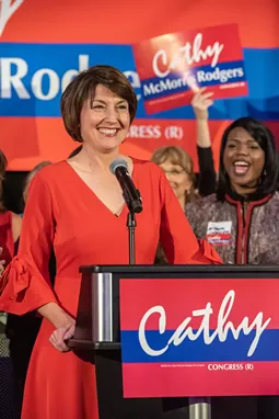 Washington state 5th Congressional District Republican incumbent candidate Cathy McMorris Rodgers speaks at the Spokane County Republican Party election night event at the Davenport Grand Hotel, in Spokane, Wash., Tuesday, Nov. 6, 2018. (Erick Doxey/The Inlander) - ERICK DOXEY