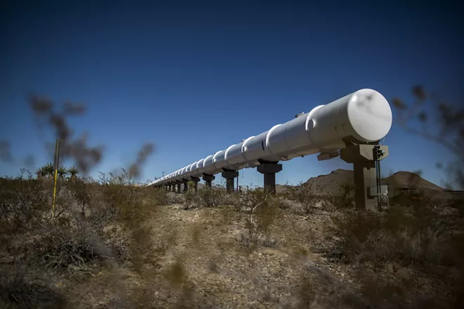 A section of hyperloop tube at the Virgin Hyperloop One test center in Moapa, Nev., Feb. 11, 2019. The system would put passengers in pods hurtling through vacuum tubes. Other companies are moving ahead with similar plans. - JOE BUGLEWICZ/THE NEW YORK TIMES