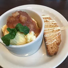 Wild Sage's goat cheese ice cream is a perfect balance of tart and sweet, topped with an apple compote with biscotti on the side. - SAMANTHA WOHLFEIL PHOTO