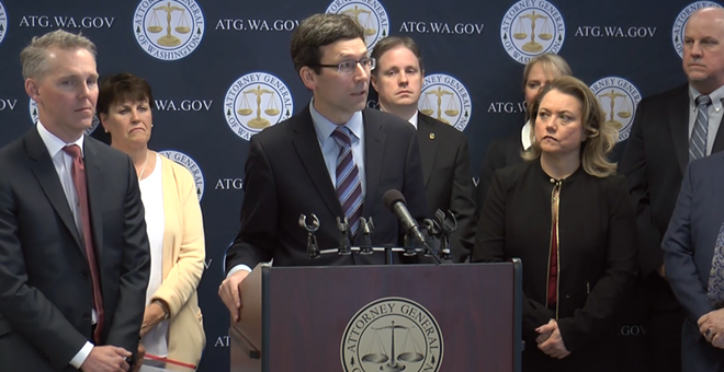 Attorney General Bob Ferguson speaking at a March 12 press conference. - SCREENSHOT COURTESY OF THE WASHINGTON ATTORNEY GENERAL'S OFFICE