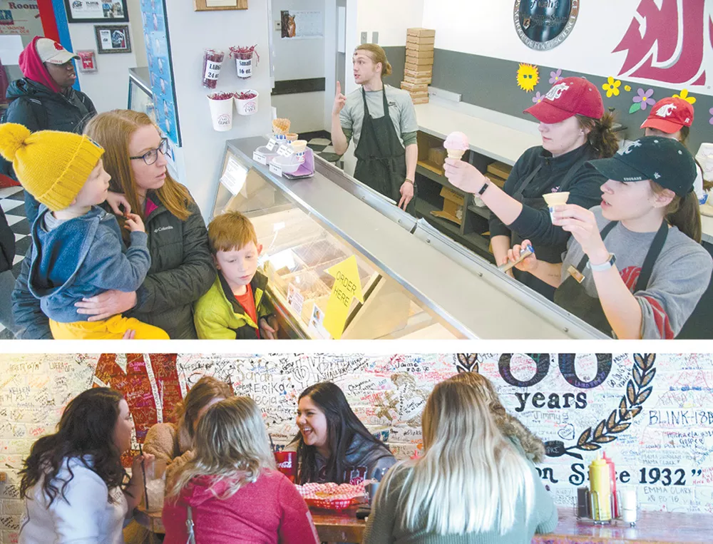 Huckleberry Ripple is the most popular flavor at Ferdinand's (top); at the Coug (bottom), visitors are invited to write on the wall. - JACOB JONES PHOTOS