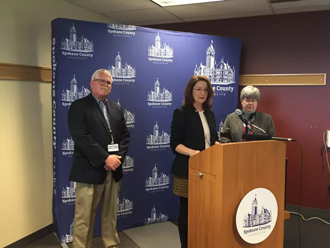 From left to right: Risk Management Director Steve Bartel, Commissioner Mary Kuney and County Auditor Vicky Dalton address the media at a March 28 press conference. - JOSH KELETY PHOTO
