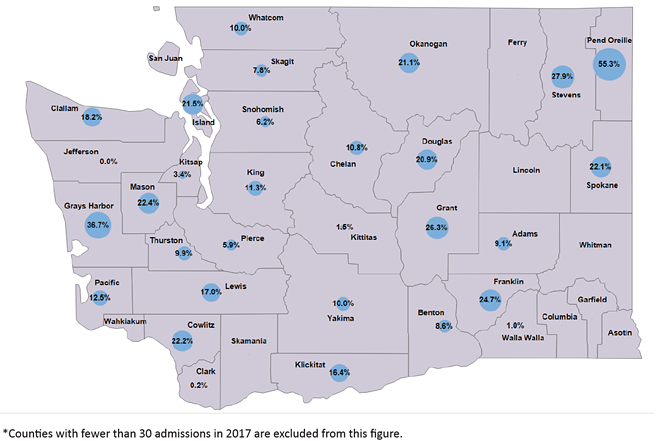 The percentage of juvenile detention admissions for status offenses in counties that experienced 30 or more admissions in 2017. - IMAGE COURTESY THE WASHINGTON STATE CENTER FOR COURT RESEARCH