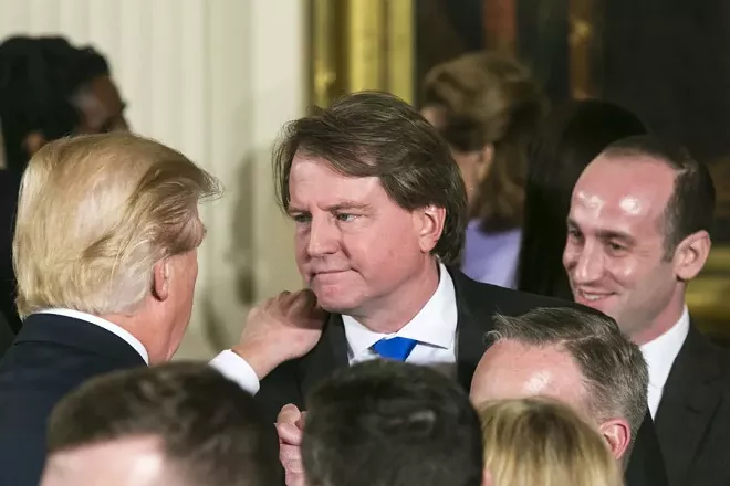 President Donald Trump with Donald McGahn, the White House counsel, at a swearing-in ceremony at the White House in Washington, Jan. 22, 2017. Trump ordered the firing of Robert Mueller, the special counsel overseeing the Russia investigation, in June 2017, according to four people told of the matter, ultimately backing down after McGahn threatened to resign over the directive. - AL DRAGO/THE NEW YORK TIMES