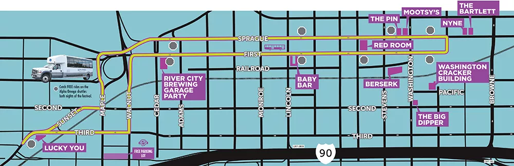 Alpha Omega shuttles will be running on a loop through downtown during Volume. Catch a FREE ride from 6 pm to midnight.