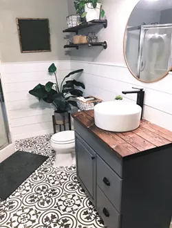 Rather than installing new tile, Danielle Loft painted the linoleum in her basement bathroom, part of a $400 makeover. - DANIELLE LOFT PHOTO