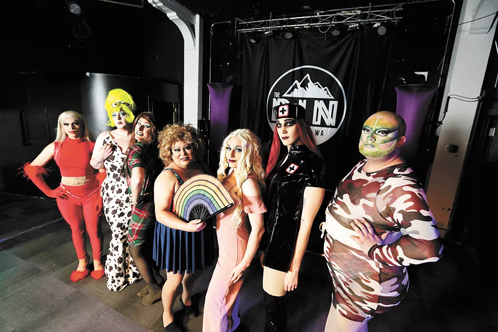 Local drag queens prepare for a variety showcase at the Pin. Left to right: Katrina Del Waters, Aurora, Katie Rockswell, Rita Fine, Sage Valentine, Nikita Romanoff and Luna Tik Hex. - YOUNG KWAK PHOTO