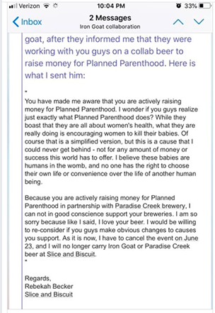 A screenshot of an email sent from Slice and Biscuit to the breweries that collaborated on a beer for Planned Parenthood in 2018