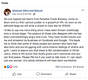 Screenshot of a post on Moscow Slice and Biscuit's Facebook page that has since been deleted, detailing more of what's happened since people were made aware of their stance on abortion.