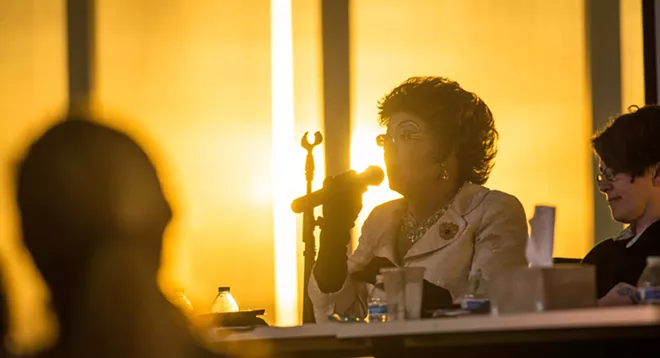 Drag queen Nova Kaine speaks at the Understanding Drag panel at the Spokane Library last night. - DANIEL WALTERS PHOTO