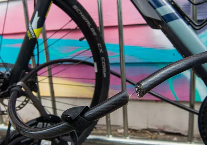A reporter locked his bike up outside a church in West Central one recent Sunday morning and came out to see his lock one hair away from being completely cut through by a bike thief. - DANIEL WALTERS PHOTO
