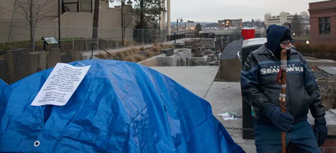 Cape Hope, a homeless encampment outside of Spokane's City Hall before officials cleared of the people staying there. - DANIEL WALTERS