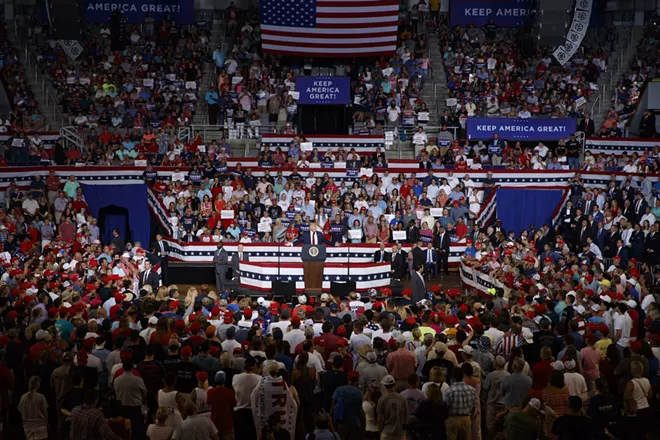 President Donald Trump speaks at a rally in Greenville, N.C., July 17, 2019. Republicans on Thursday tried to distance themselves from the “send her back” chant that broke out at the rally Wednesday night when he railed against a Somali-born congresswoman, but they once again declined to criticize Trump directly. - TOM BRENNER/THE NEW YORK TIMES
