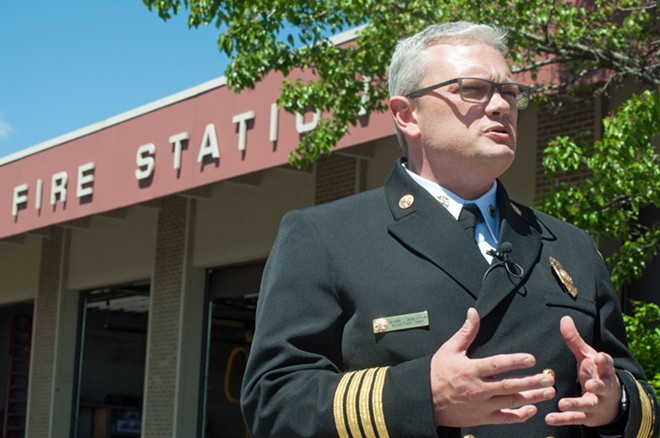 City Council President Ben Stuckart doesn't give Fire Chief Brian Brian Schaeffer the same sort of praise he gives Police Chief Craig Meidl. - DANIEL WALTERS PHOTO