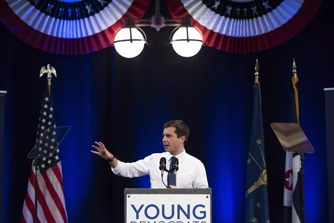Mayor Pete Buttigieg of South Bend, Ind., a Democratic presidential hopeful, speaks during the Young Democrats of America Convention at Union Station, in Indianapolis, July 18, 2019. Buttigieg is one of seven Democratic presidential hopefuls who have promised that their first legislation as president would be an ambitious clean-government bill, earning them the approval of End Citizens United. - MARK FELIX/THE NEW YORK TIMES