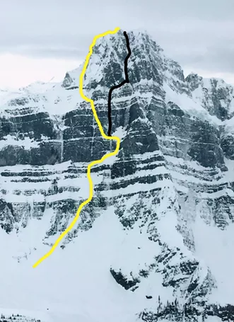 In yellow, John Roskelley's reconstruction of the route the climbers took up Howse Peak in April. In black is the M-16 route they'd originally planned to take.