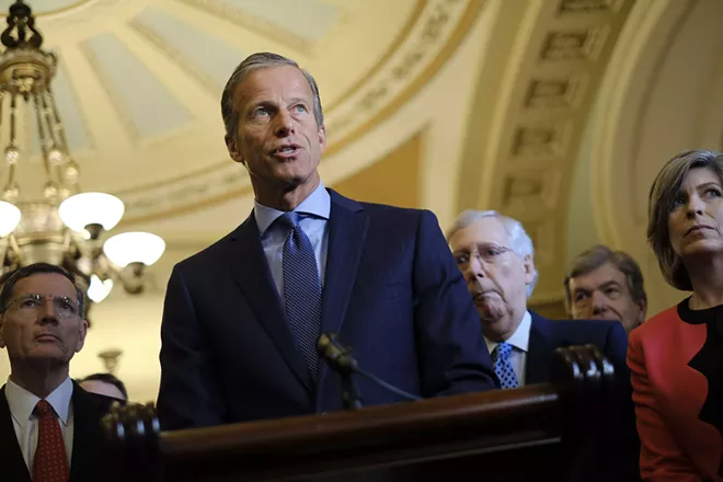 Senate Majority Whip John Thune (R-S.D.) speaks during a weekly news conference with Senate leadership, on Capitol Hill, in Washington, June 18, 2019. Republicans, seeking a response to this weekend’s massacres, are coalescing around such bills to help law enforcement take guns from those who pose an imminent danger. Thune said he was “confident Congress will be able to find common ground on the so-called red flag issue.” - GABRIELLA DEMCZUK/THE NEW YORK TIMES