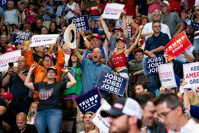 Attendees at a rally for President Donald Trump in Cincinnati, Aug. 1, 2019. Americans’ confidence in the economy is fragile, with a majority of voters expressing concern — a potential vulnerability for Trump if the current economic slowdown worsens before next year’s election. - DOUG MILLS/THE NEW YORK TIMES