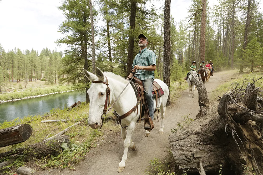 True West Trail Rides co-owner Shawn Anderson, left, leads clients through Riverside State Park in Spokane. - YOUNG KWAK PHOTO