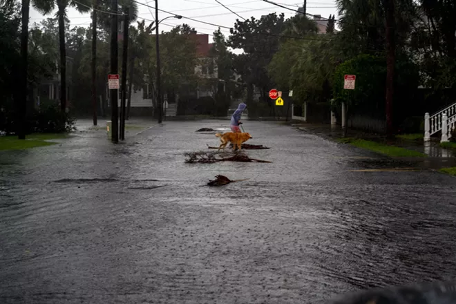 A woman walks her dog in a torrential rain in Charleston, S.C., as Hurricane Dorian moves up the Atlantic coast on Thursday, Sept. 5, 2019. Much of the Carolina coast is being pounded by heavy rain and strong winds from the outer bands of Hurricane Dorian on Thursday morning, as the storm continues to creep on its parallel path north along the Eastern Seaboard of the United States. - JOHNNY MILANO/THE NEW YORK TIMES