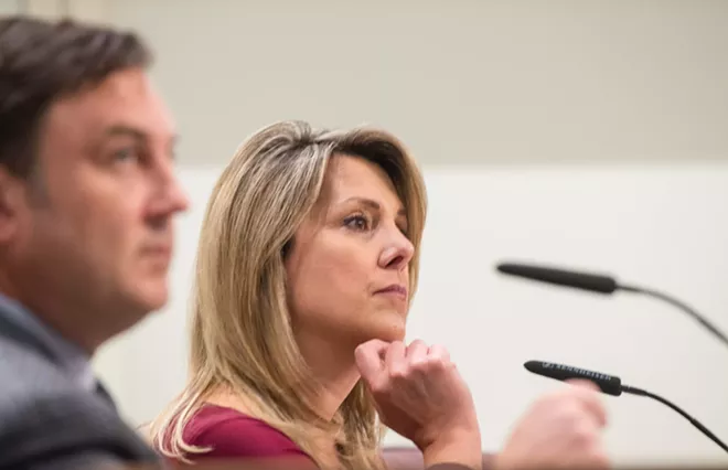 Mayoral candidates Nadine Woodward and Ben Stuckart (foreground) at the second League of Women Voters forum. - DANIEL WALTERS PHOTO