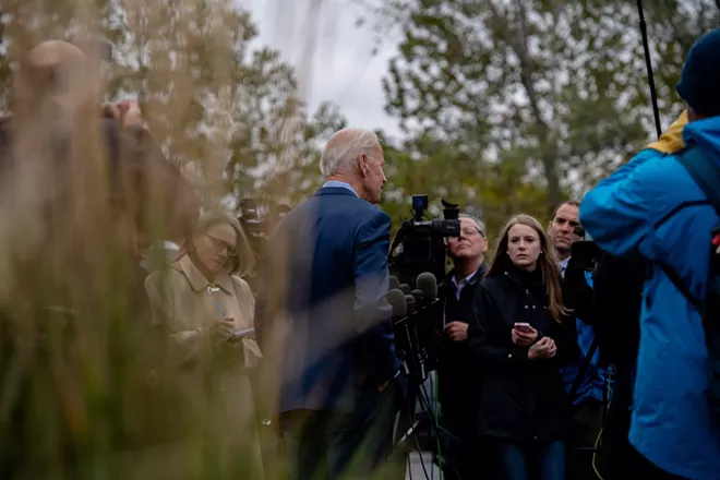 Former Vice President Joe Biden speaks with reporters before touring the IBEW Electrical Trades Center in Columbus, Ohio, on Wednesday, Oct. 16, 2016. In the past three months, Biden spent more on his campaign than he raised. He begins an aggressive phase of the primary race with far less cash on hand than top rivals. - HILARY SWIFT/THE NEW YORK TIMES