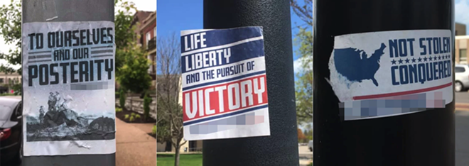 Examples of Patriot Front flyers and stickers. Patriot Front’s messaging features symbols like flags, bald eagles, and red, white and blue motifs, in an effort to hide its white supremacist views. - VIA FACEBOOK