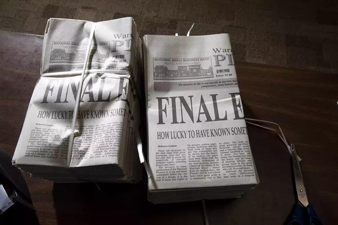 Copies of the Warroad Pioneer's final edition after a run of 121 years, at its office in Warroad, Minn., May 7, 2019. The loss of local news coverage in much of the United States has frayed communities and left many Americans woefully uninformed, according to a new report by PEN America. - TIM GRUBER/THE NEW YORK TIMES