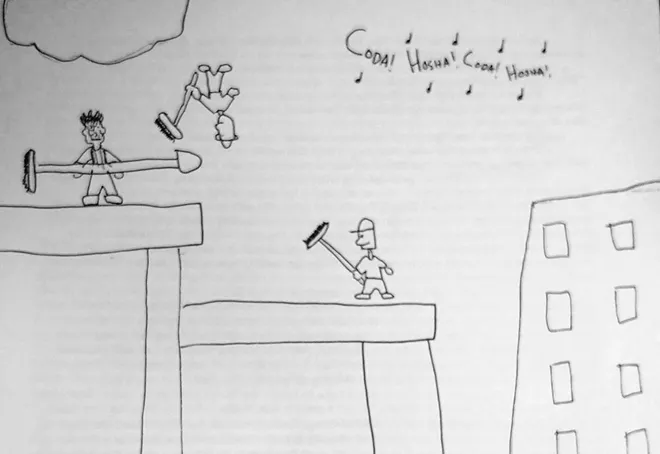Janitor Bob and Janitor Jack fight the Eeevil Custodian Dean atop the rooftops of Salk Middle School, as the choir class warms up in the background. - ERIK SOLBERG ILLUSTRATION