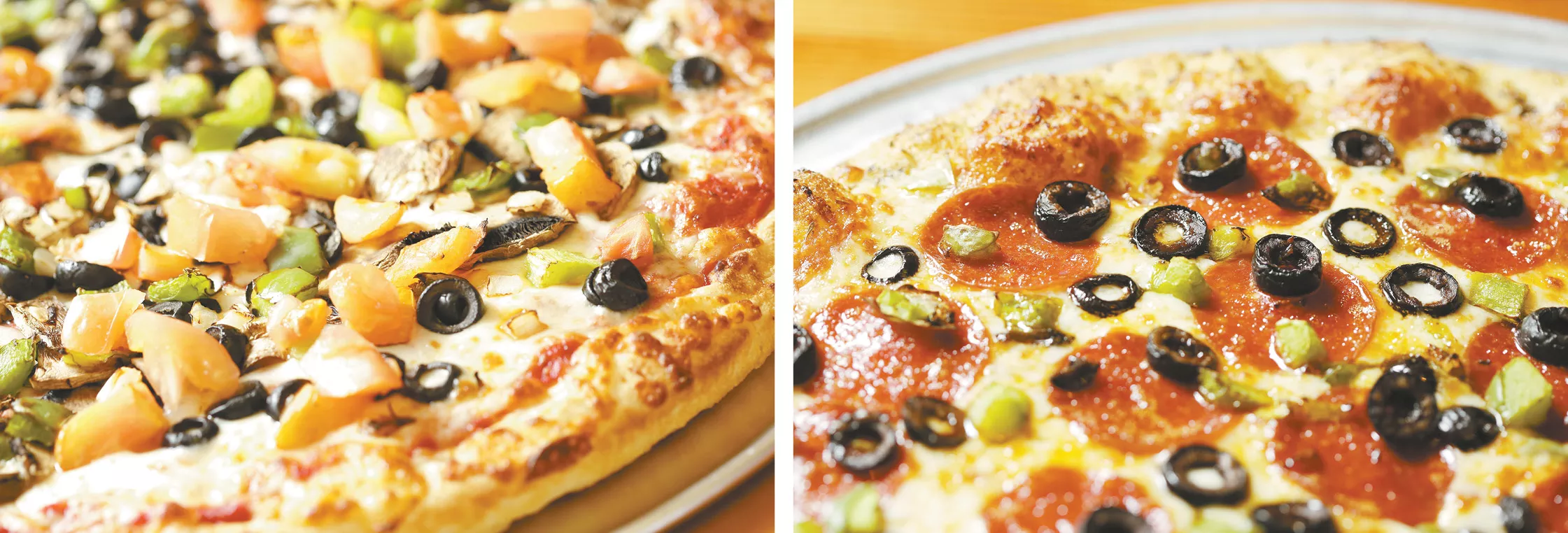 LEFT: Pizza Rita's Garden Delight pan pizza. RIGHT: Pizza Pipeline's pepperoni with green peppers and olives. - YOUNG KWAK PHOTOS