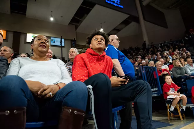Paolo Banchero, a potential recruit from Seattle, watches the Zags from the sidelines. - ERICK DOXEY PHOTO