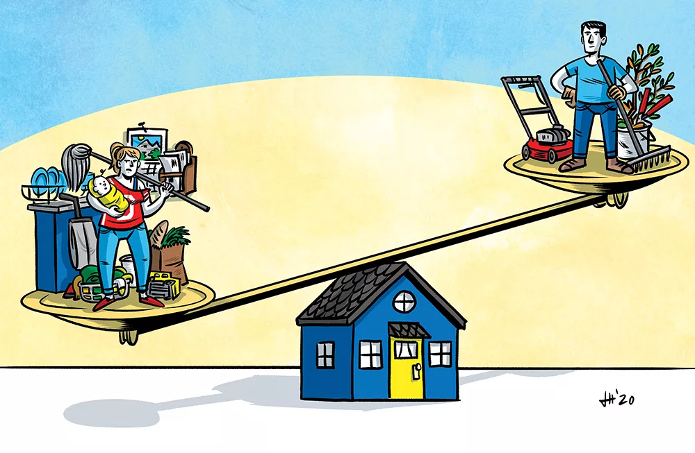 A 2018 survey from the U.S. Bureau of Labor Statistics found women spent an average of 2.17 hours a day on housework while men spent about 1.36 hours on average. - JONATHAN HILL ILLUSTRATION