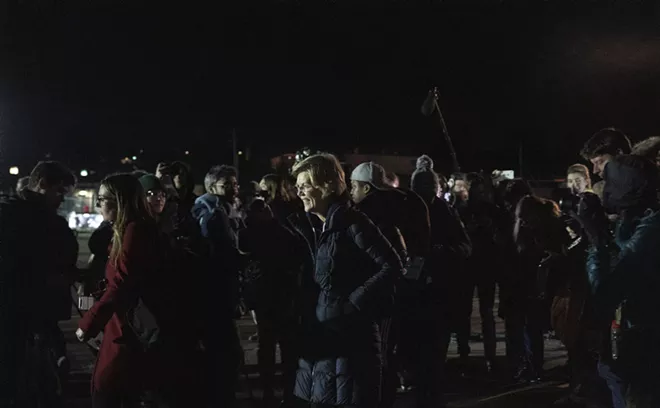 Sen. Elizabeth Warren (D-Mass.), a Democratic candidate for president, arrives in Manchester, N.H. early Tuesday, Feb. 4, 2020. With a glaring question mark hanging over the Iowa caucuses, a frustrated pack of Democratic presidential candidates sought to turn the mood of chaos to their own advantage Tuesday morning as they barreled toward the next nominating contest, in New Hampshire. - RUTH FREMSON/THE NEW YORK TIMES